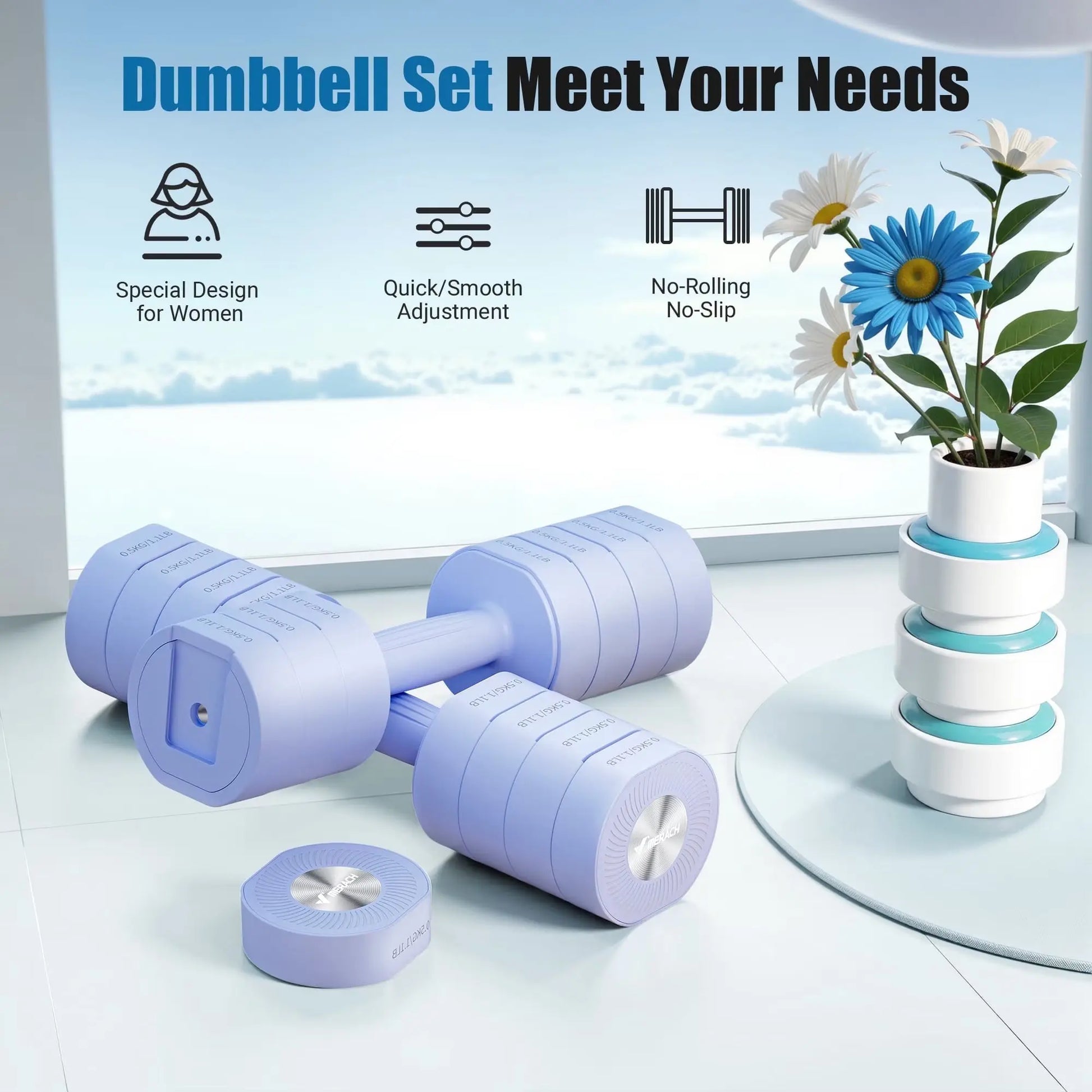 8.8 Lbs Adjustable Dumbbells Set of 2, 4-In-1 Free Weights for Women, Hand Weights for Home Gym, Blue
