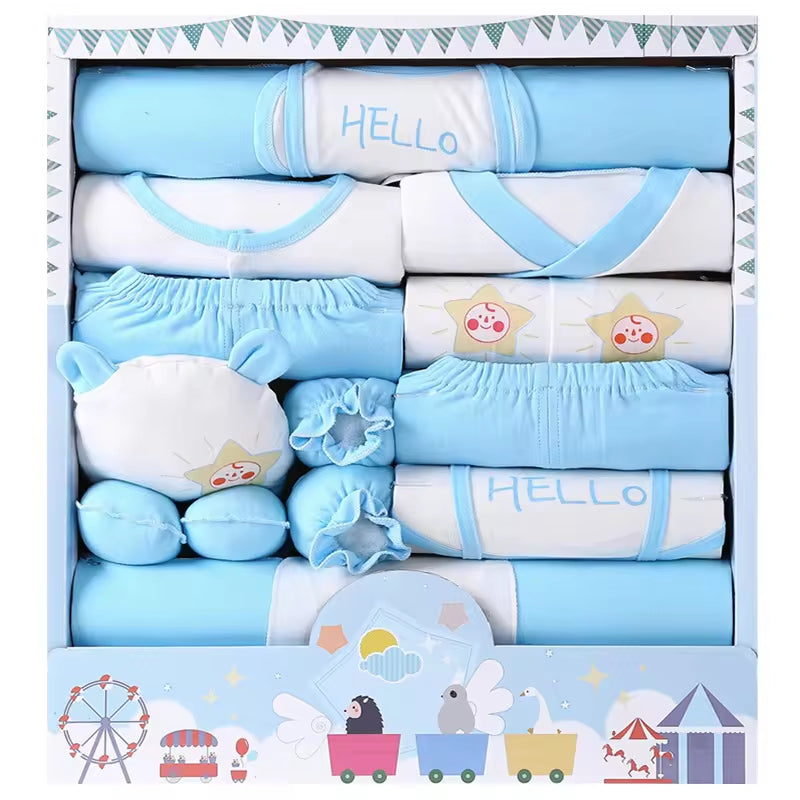 High Grade Autumn Comfortable Skincare Pure Cotton 18Pcs Blue Cute Newborn Baby Gift Set Box