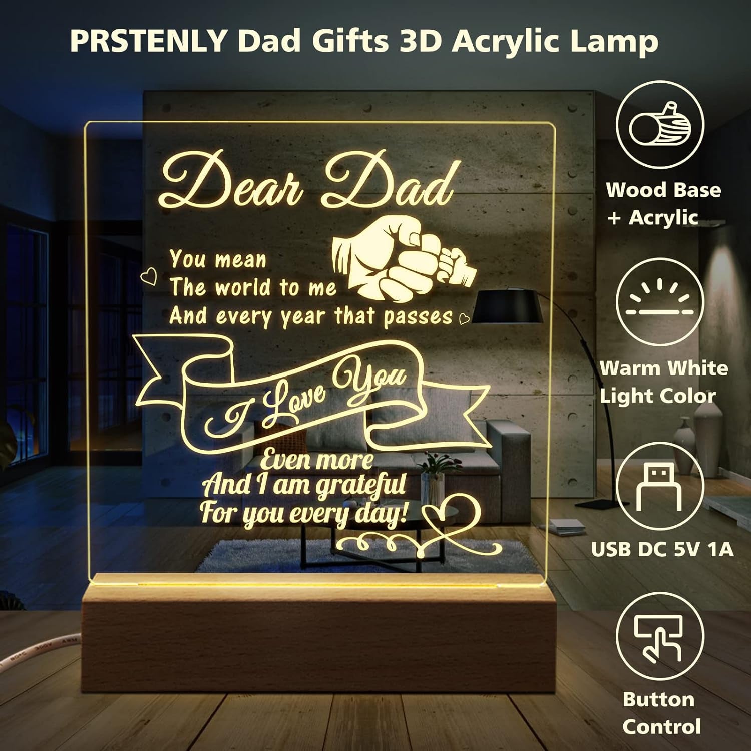 Christmas Gifts for Dad Night Light, to My Dad Gifts Personalized Engraved Night Lamp with Wooden Base, Anniversary Thanksgiving Birthday Gifts for Dad from Daughter Son