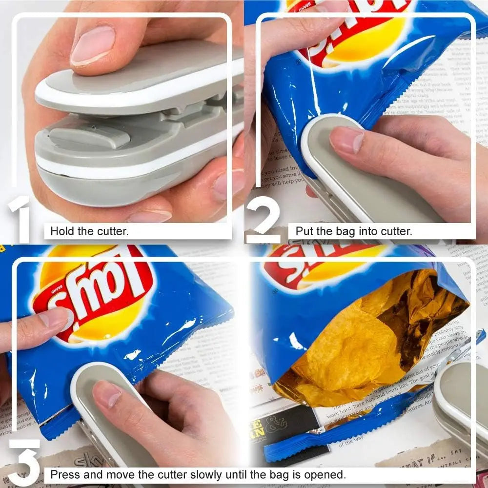 Mini Bag Sealer Heat Seal, Portable Vacuum Sealer with Hook, Heat Sealer, Chip Bag Sealer &amp; Cutter 2-In-1 (Grey) - Reseal for Snack Bags, Plastic Bags, Aluminum Bags