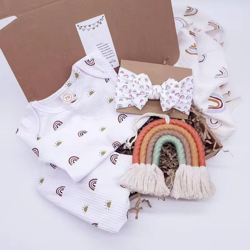 Infant Toddler Rainbow Print Cotton Bodysuit Pants Sets Long Sleeve Romper Pants 6Pcs Rainbow Pajama Set