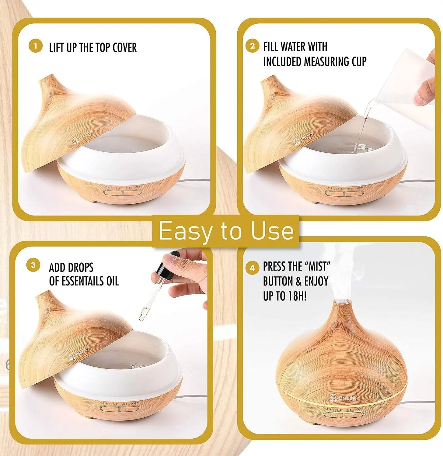 Oil Diffuser | 550Ml Diffusers for Essential Oils with Cleaning Kit &amp; Measuring Cup, 18 Hour Runtime, 16 LED Light Settings &amp; Auto Power off (Natural Oak)