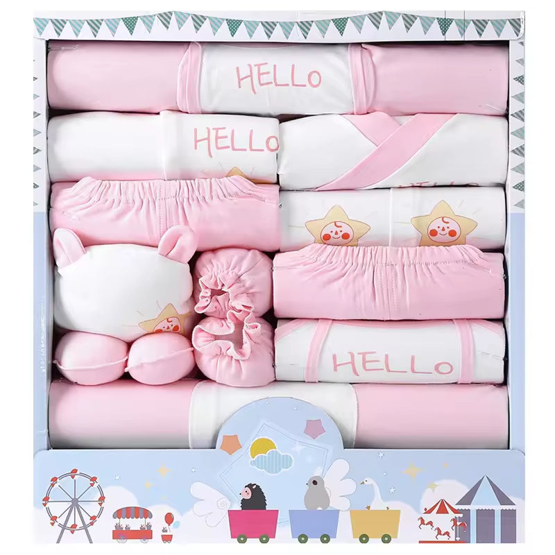 High Grade Autumn Comfortable Skincare Pure Cotton 18Pcs Blue Cute Newborn Baby Gift Set Box