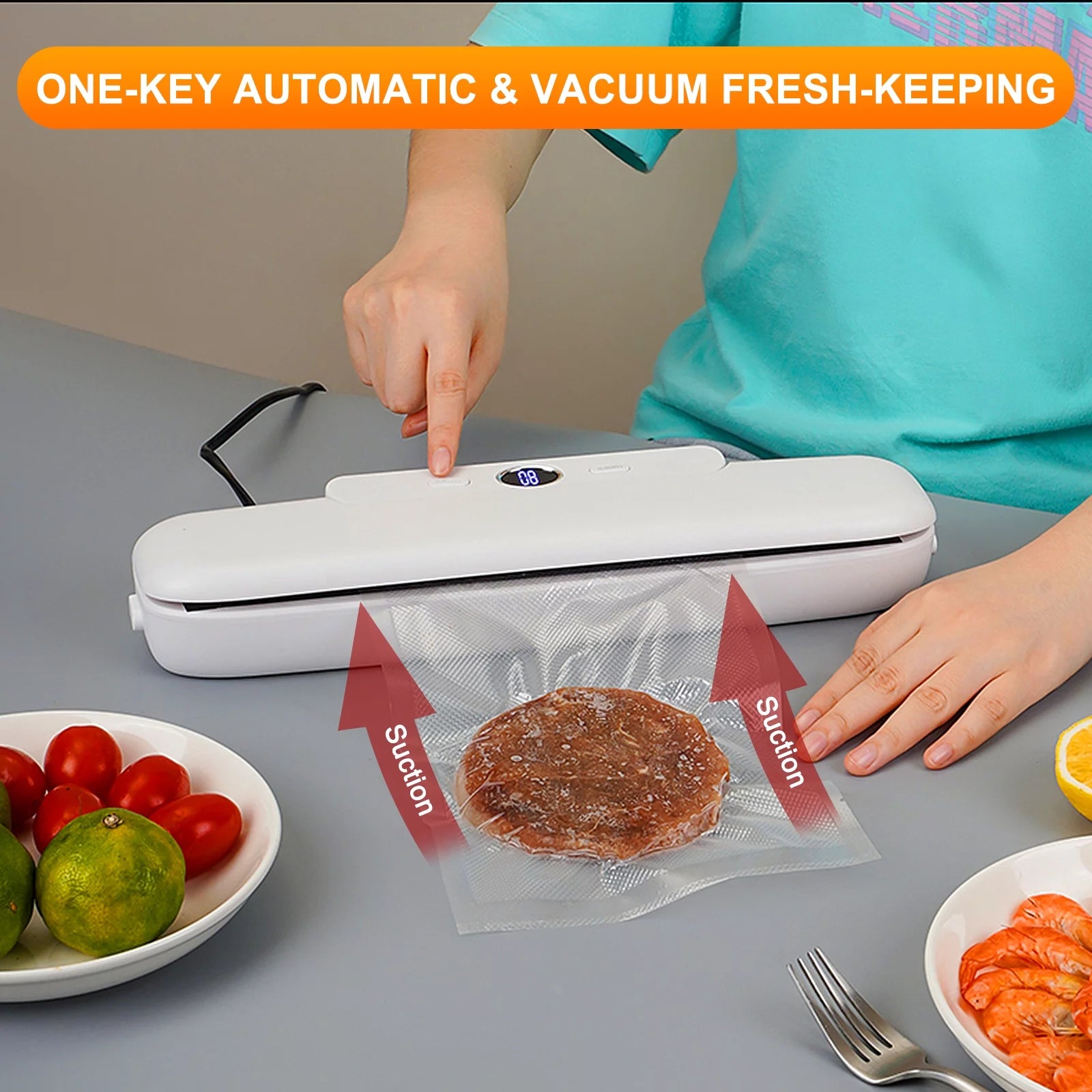 Automatic Vacuum Sealer Machine, Built in Air Sealing System, 2 Food Modes, LCD Display, White