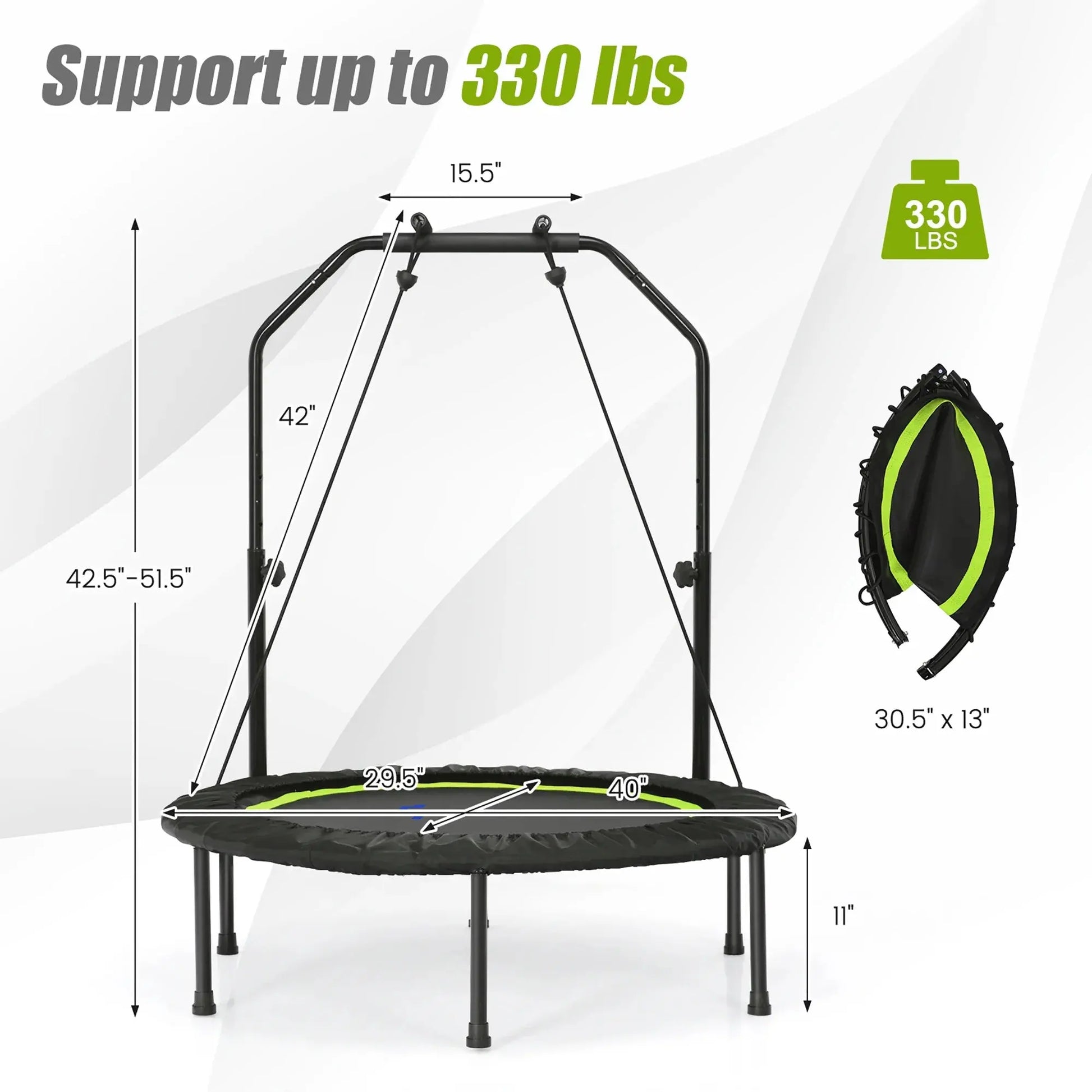 40'' Foldable Trampoline Fitness Rebounder with Resistance Bands Adjustable Home Green