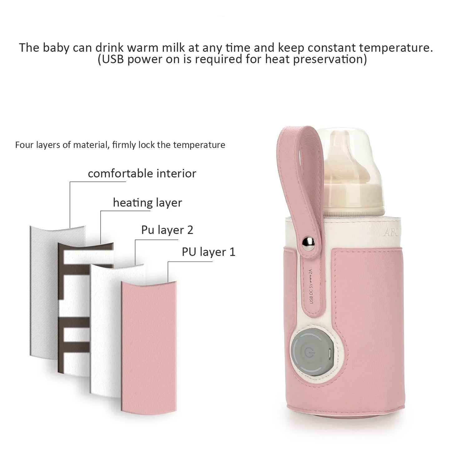 Portable Bottle Warmer,  Intelligent Bottle Warmer, Fast Charge, 3-Speed Temperature Regulation, Pink