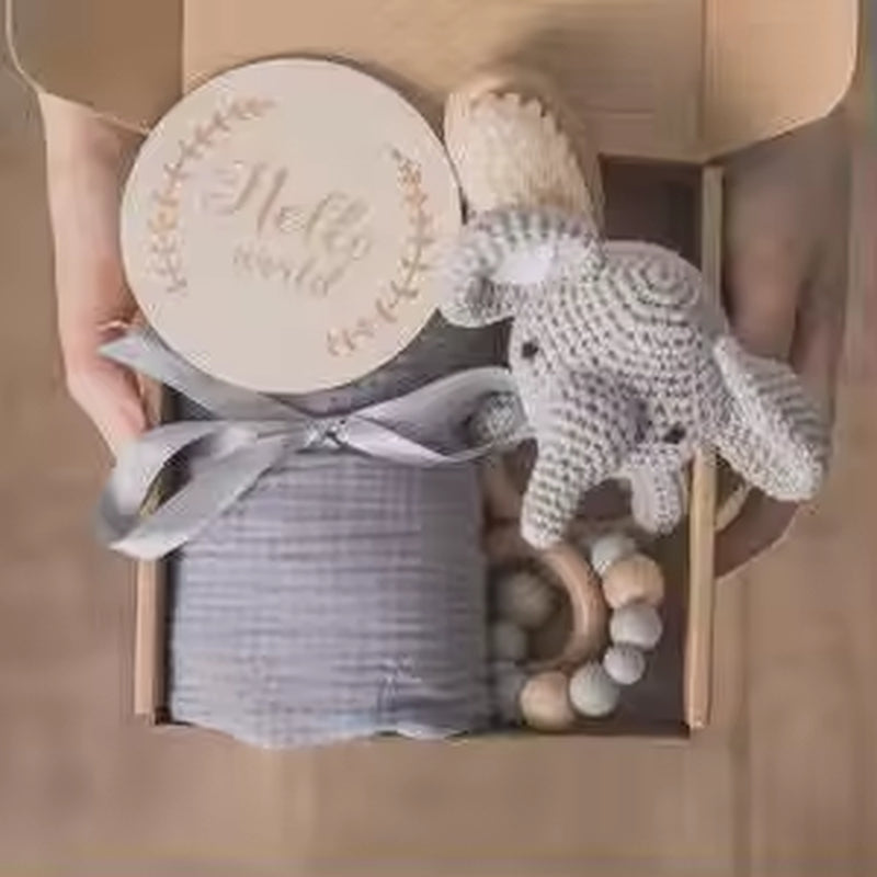 Newborn Bamboo Cotton Swaddle Blanket with Teether Gift Box Crochet Animal Rattle Teething Pacifier Chain Baby Shower Gift Set