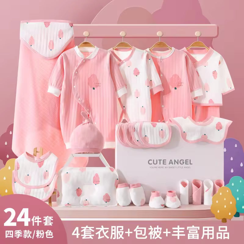 Spring Babies Gift Box 100% Cotton Clothing Sets 24Pcs 26Pcs Pink Green Yellow New Born Baby Clothes Gift Set