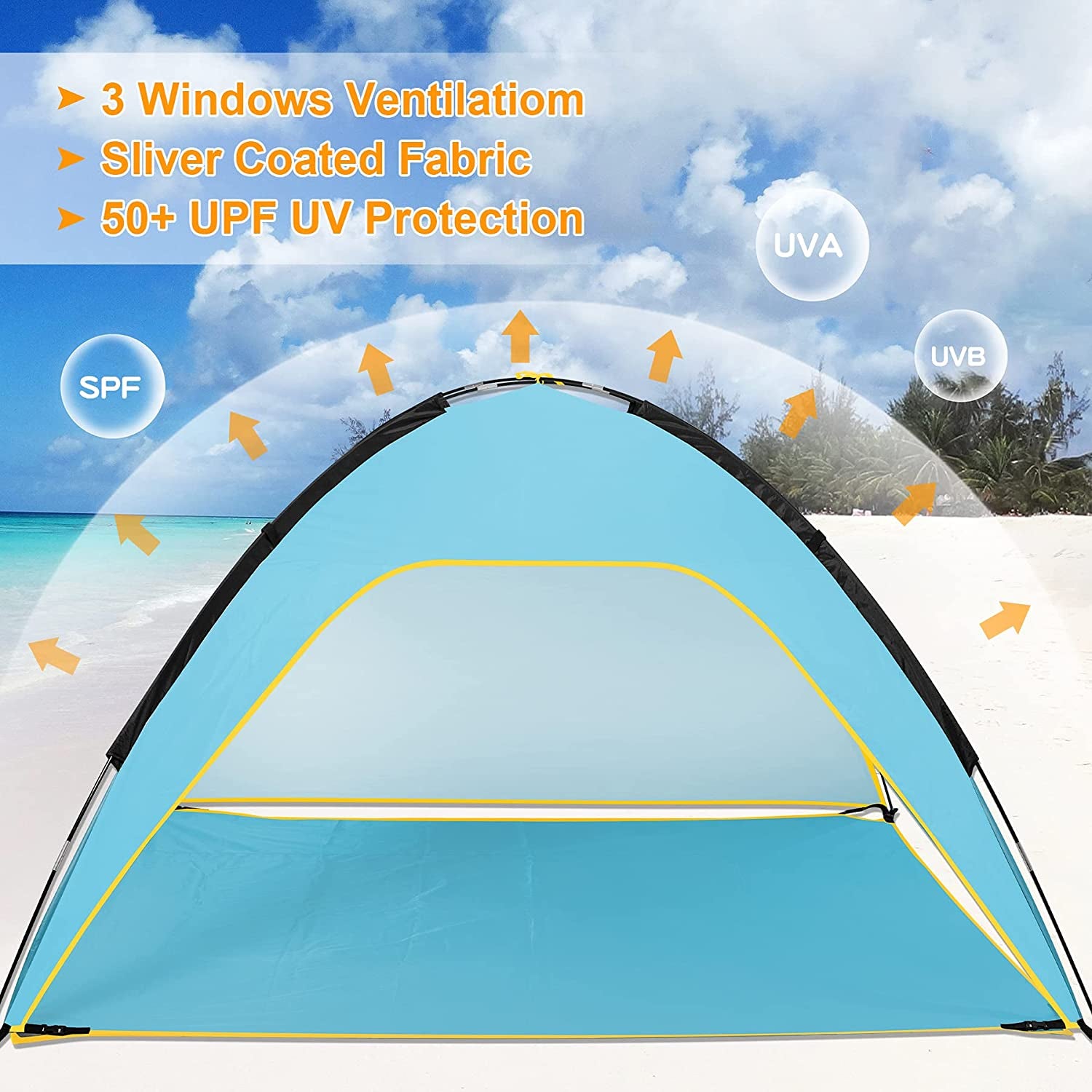 Beach Tent, Portable Beach Sun Shelter for UPF 50+ UV Protection, Easy Set up 3-4 Person Beach Tent Shade with Carry Bag, anti UV Beach Canopy Tent for Fishing Hiking Camping