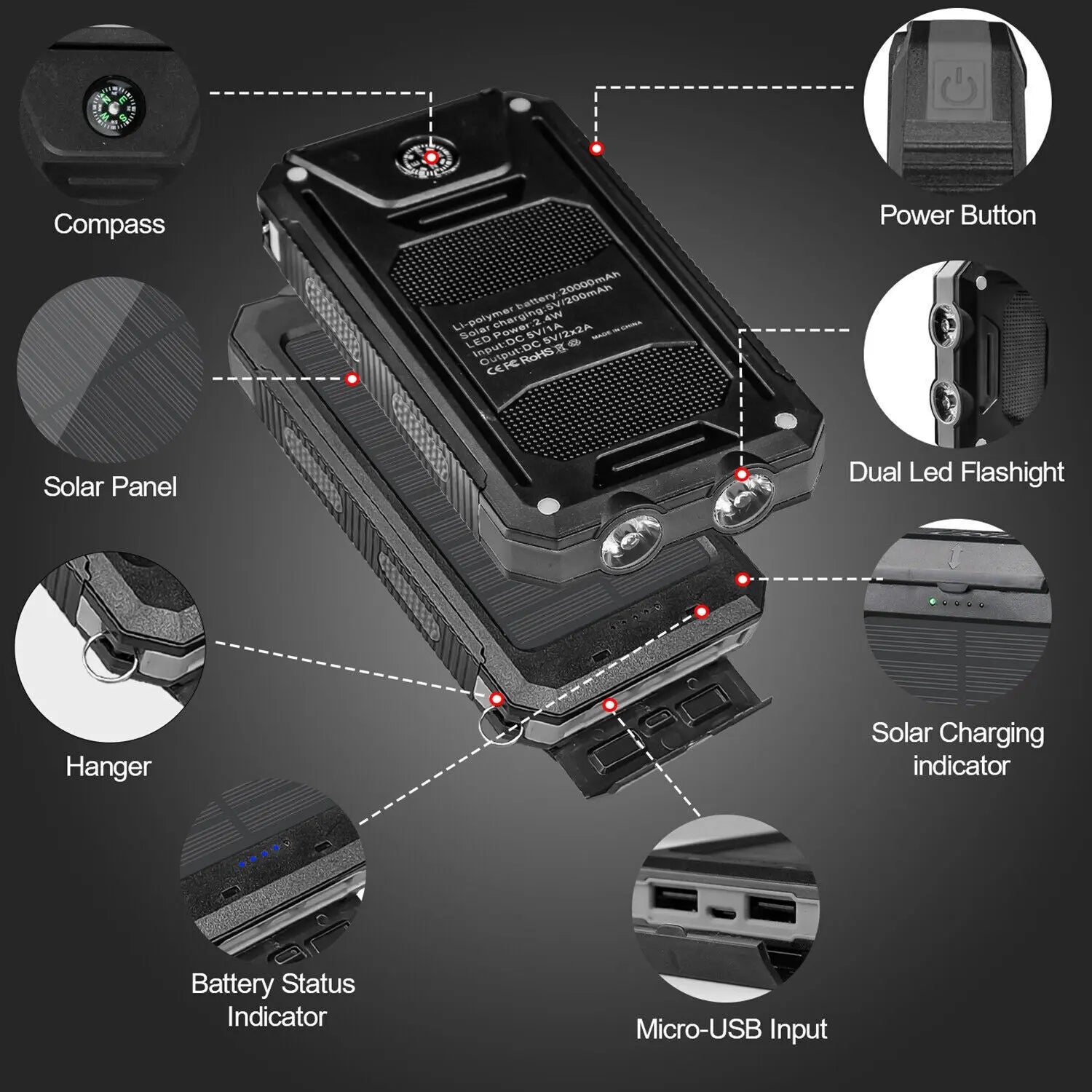 Super 20000Mah USB Portable Charger Solar Power Bank for Iphone Cell Phone 2023