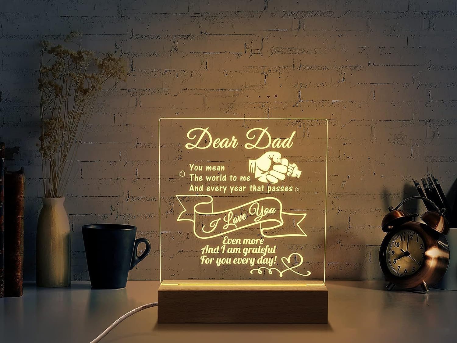 Christmas Gifts for Dad Night Light, to My Dad Gifts Personalized Engraved Night Lamp with Wooden Base, Anniversary Thanksgiving Birthday Gifts for Dad from Daughter Son