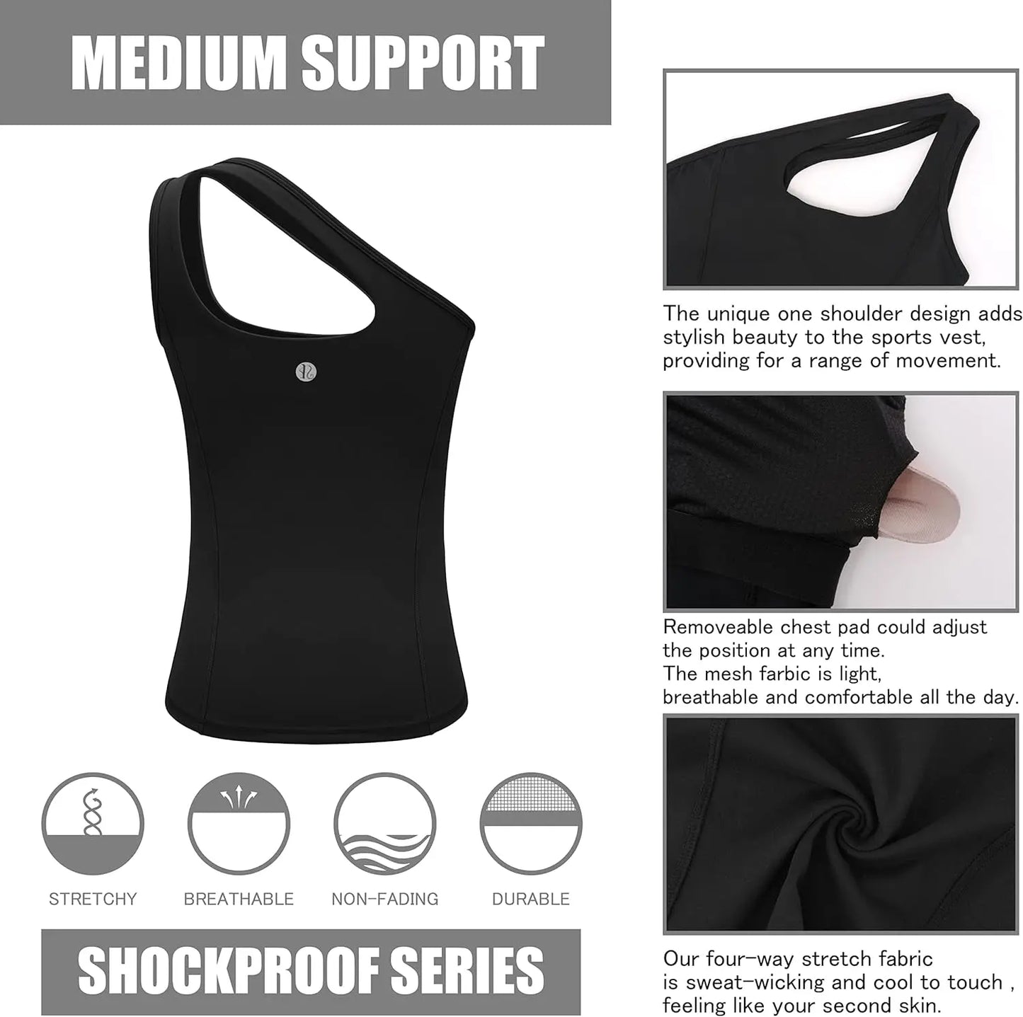 One Shoulder Tops for Women, Workout Tank Top with Built in Sports Bra Yoga Athletic Shirts Compression Running