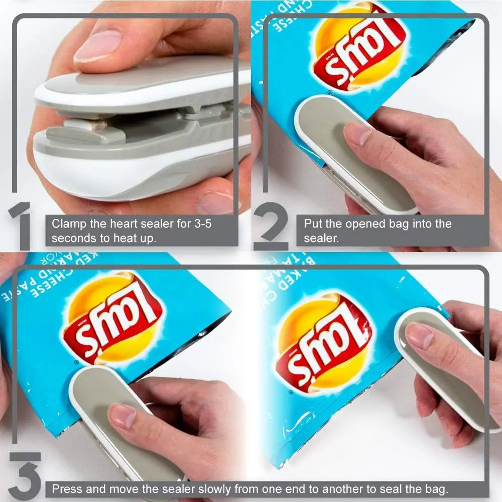 Mini Bag Sealer Heat Seal, Portable Vacuum Sealer with Hook, Heat Sealer, Chip Bag Sealer &amp; Cutter 2-In-1 (Grey) - Reseal for Snack Bags, Plastic Bags, Aluminum Bags